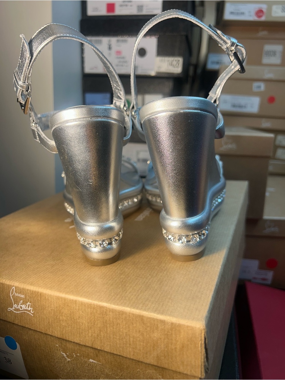 Christian Louboutin Silver Crystal Platform Sandals with Ankle Strap - Picture 6 of 9